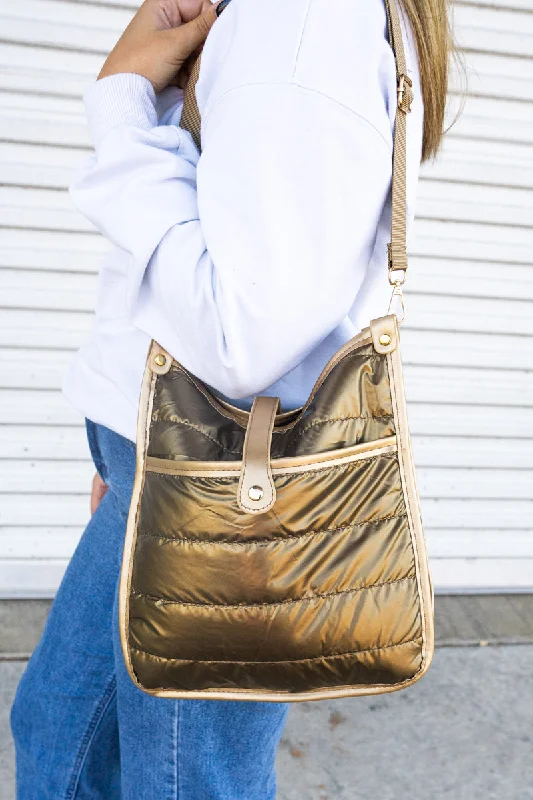 Tote bags with bold checks for trend -Lake Tahoe Metallic Gold Puffy Crossbody