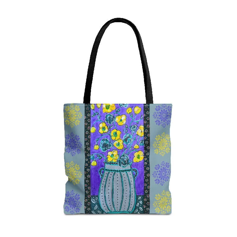 Tote bags with contrast stitching for detail -Lavendar Vase by 'Monica in the Garden'