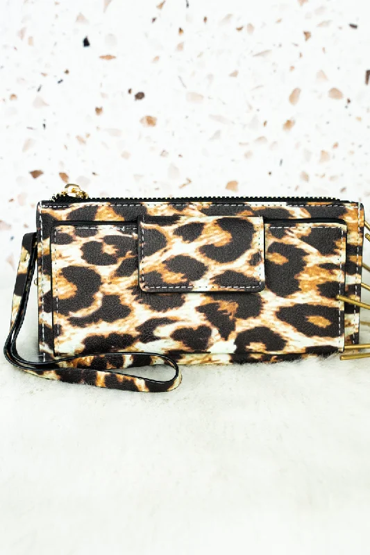 Tote bags with subtle embroidery for detail -Leopard Faux Leather Wristlet Wallet