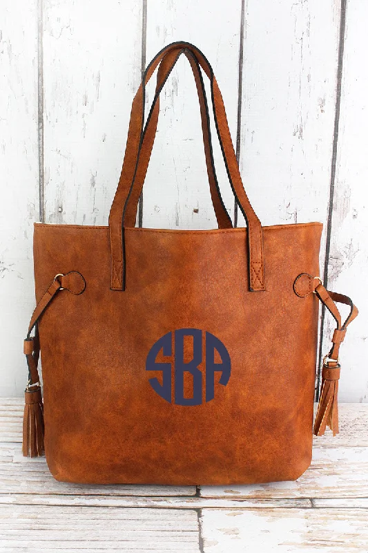 Tote bags with metallic finishes for shine -Light Brown Faux Leather Side Tassel Tote