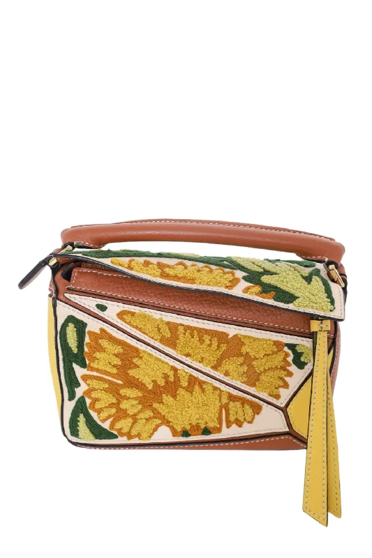 Leather tote bags perfect for stylish office wear -Loewe Mini Embroidered Floral Puzzle Bag