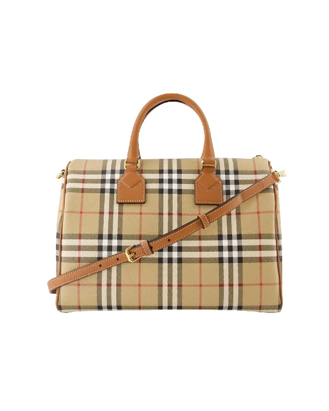 Handle bags with leather straps and canvas bodies for a chic, durable option-Beige Synthetic Leather Bowling Bag