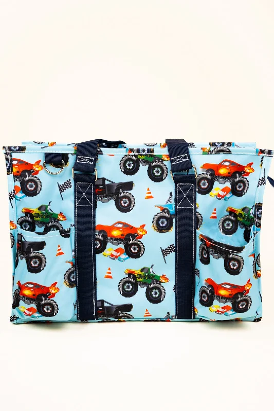 Tote bags with geometric patterns for modernity -Monster Truck Rally Utility Tote with Navy Trim