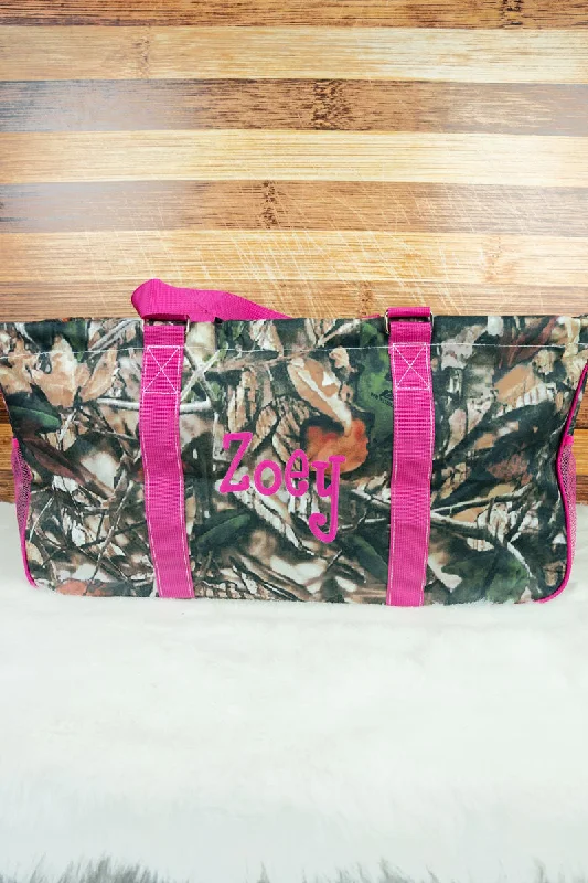 Tote bags with artistic prints for creativity -Natural Camo with Hot Pink Trim Collapsible Haul-It-All Basket with Mesh Pockets