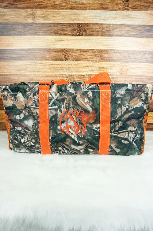 Tote bags with lightweight nylon for travel -Natural Camo with Orange Trim Collapsible Haul-It-All Basket with Mesh Pockets