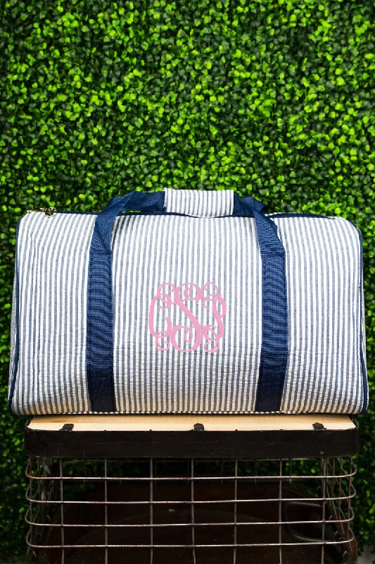 Tote bags with vintage vibes for nostalgia -Navy Striped Seersucker Quilted Duffle Bag 18"