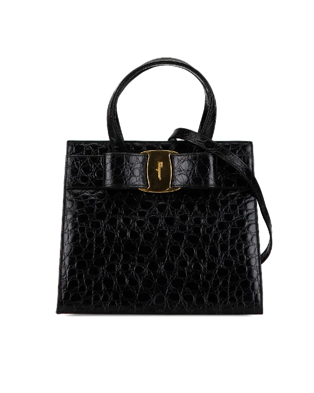 Tote bags with animal prints for wild style -Croc Embossed Leather Vara Bow Satchel with Detachable Strap