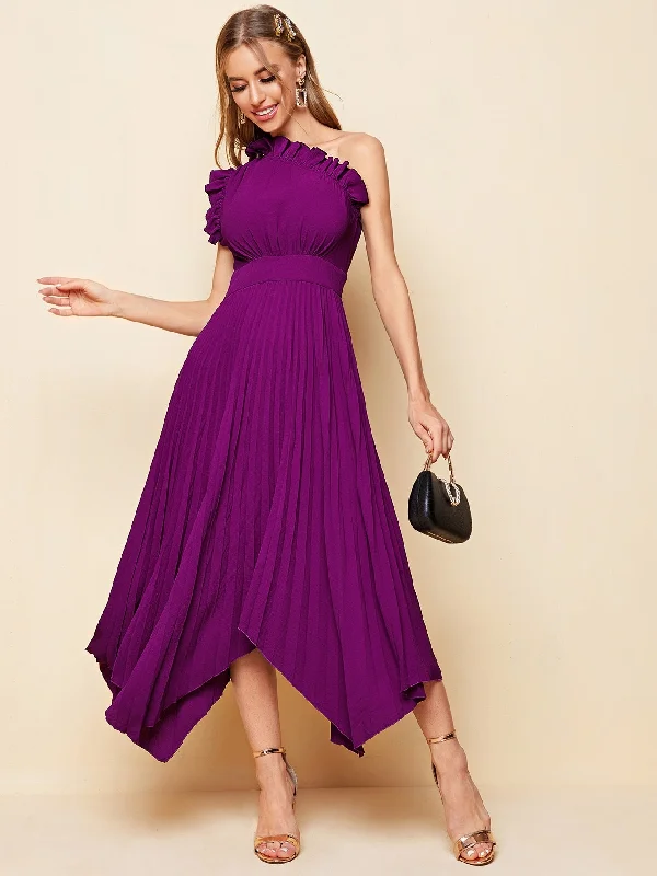 Best handle bags with soft, lightweight material for easy carrying-One Shoulder Ruffle Detail Pleated Hanky Hem Bridesmaid Dress