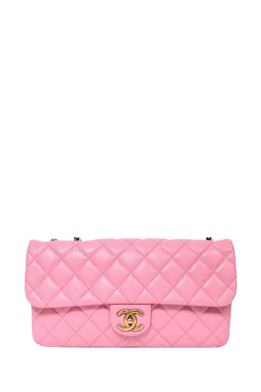 Tote bags with bright florals for cheer -Pre-Loved Chanel™ 2013/14 Pink Calfskin Quilted Jumbo Pocket Flap Shoulder