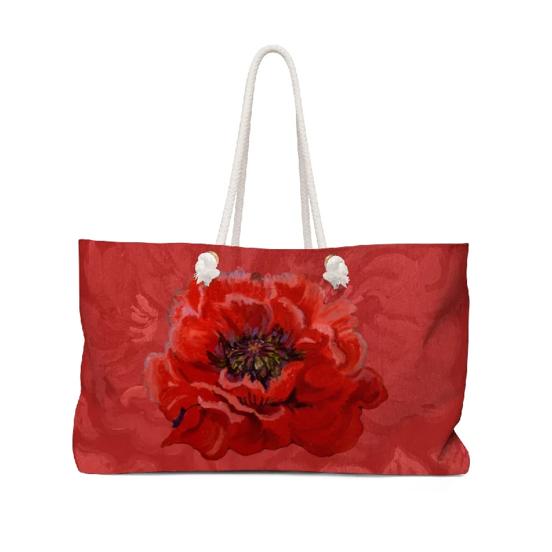 Tote bags with rustic leather for charm -Weekender Bag "Red on Red"