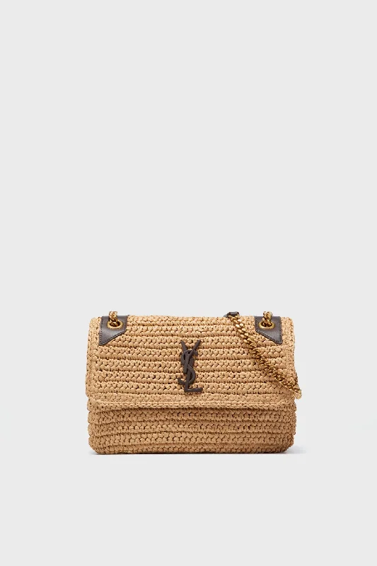 Designer tote bags featuring luxury brand logos -Saint Laurent Raffia Medium Niki Chain Bag