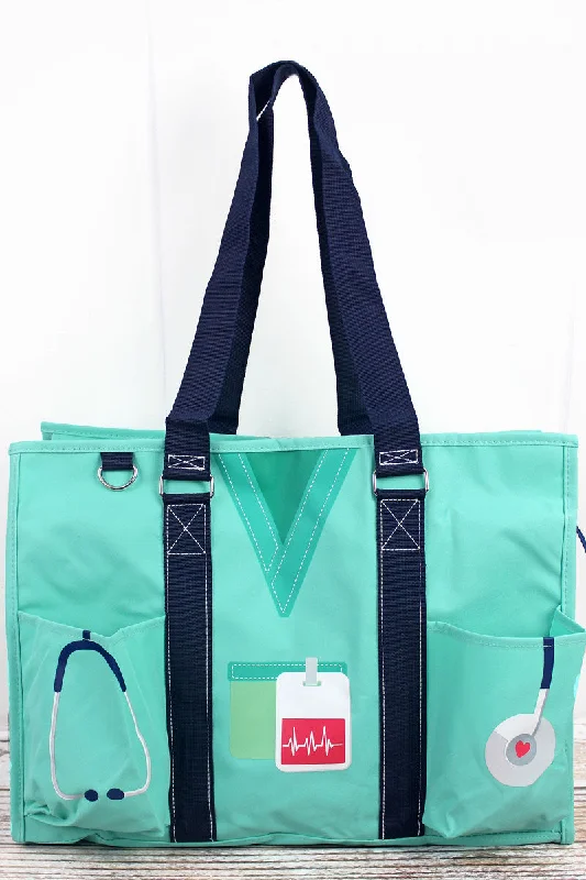 Tote bags with bright accents for pop -Scrub Life Mint with Navy Trim Large Organizer Tote