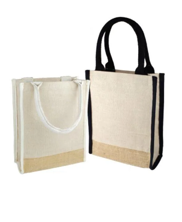 Tote bags with sleek black for elegance -Small Jute Blend Tote Bags with Full Gusset and Burlap Accents - TJ911