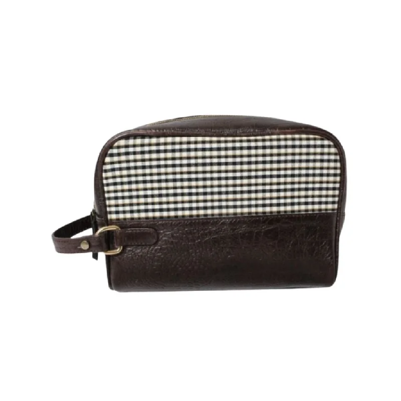 Leather Pouch made from Recycled Materials - White And Black Checks Pattern With Dark Brown Croco