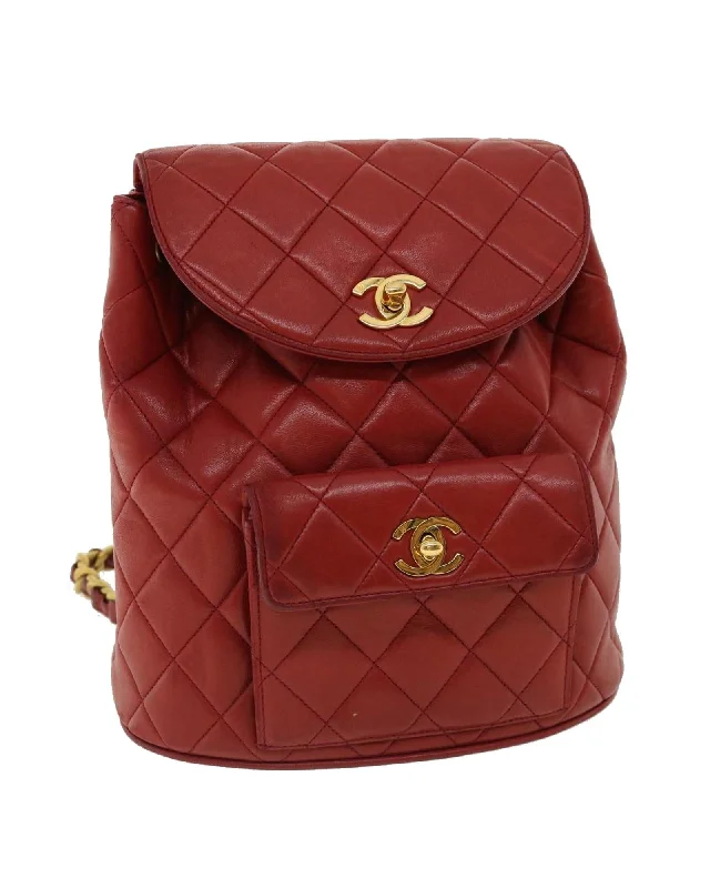 Stylish handle bags with animal print designs for a bold, wild touch-Matelasse Chain Hand Bag Lamb Skin Red CC Auth 31892A