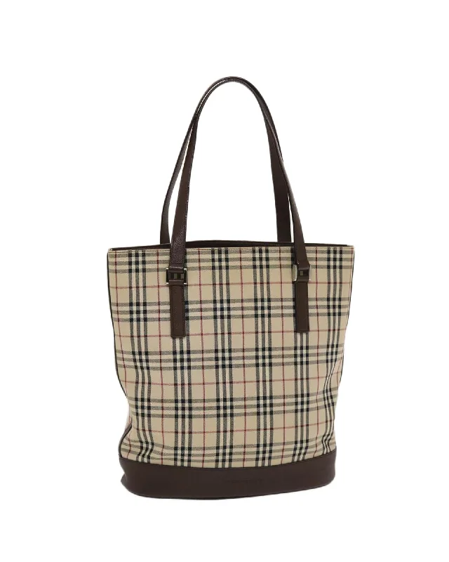 Handle bags with contemporary metal accents for a sleek and polished finish-Canvas Leather Tote Bag with Check Pattern