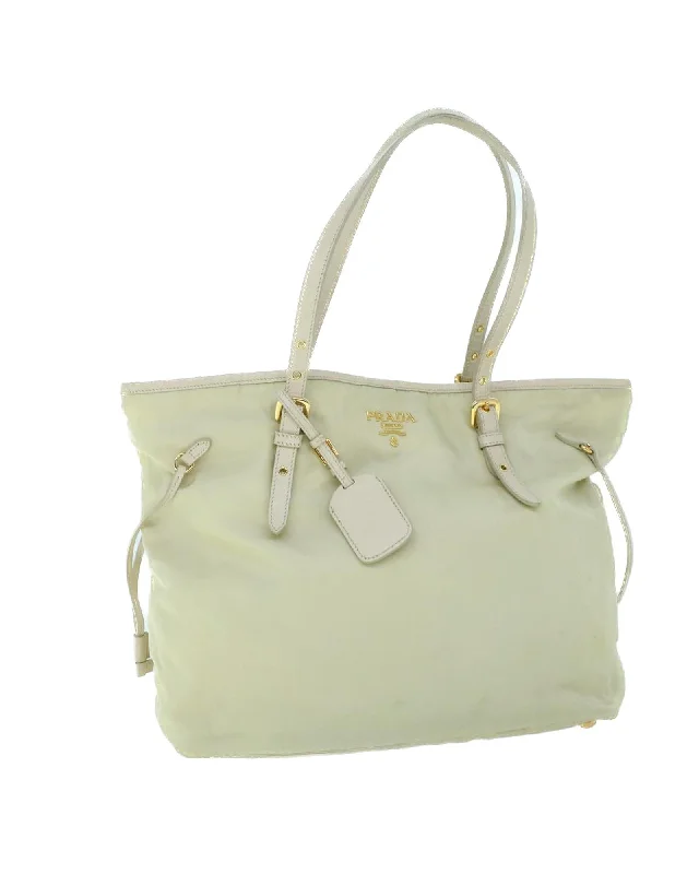 Best handle bags with contrasting colors for a bold, fashionable statement-Cream Nylon Leather Tote Bag with Name Tag