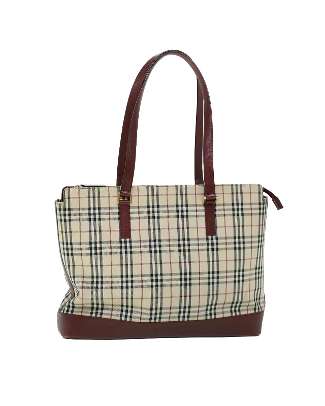 Handle bags with leather straps and canvas bodies for a chic, durable option-Canvas and Leather Tote Bag with Check Pattern