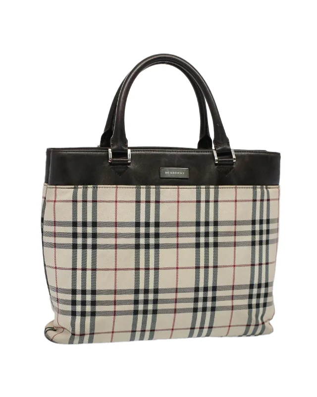 Handle bags with contemporary metal accents for a sleek and polished finish-Beige Nylon Tote Bag with Check Pattern