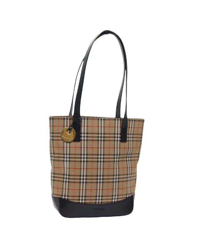 Handle bags with faux fur accents for a cozy and chic winter look-Beige Nylon Canvas Tote Bag with Nova Check Pattern