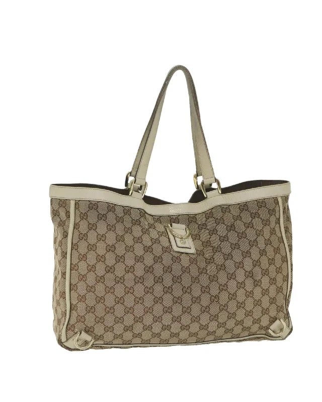 Handle bags with leather accents for a chic and classic look-Beige and White GG Canvas Tote Bag with Accessory