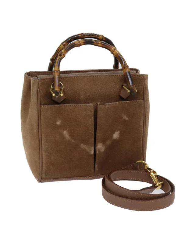 Handle bags with contrasting materials for a bold and unique fashion statement-Beige Suede 2-Way Hand Bag with Bamboo Handle and Shoulder Strap