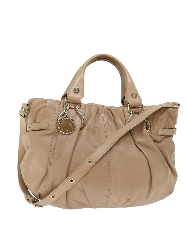 Handle bags with large front pockets for quick and easy access to essentials-Beige Leather 2way Hand Bag with Shoulder Strap - Authentic