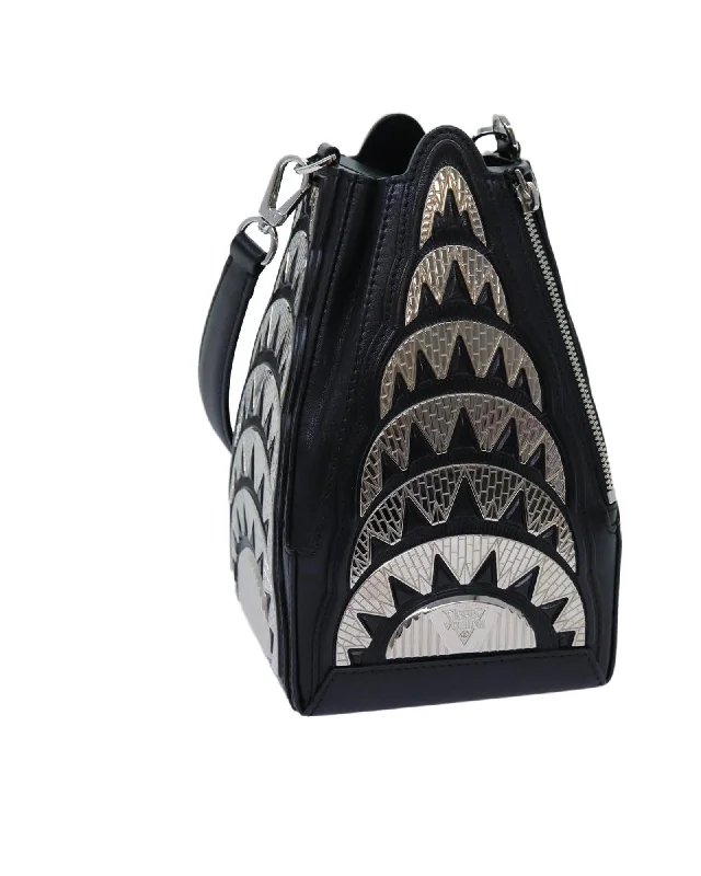 Handle bags with woven designs for a rustic and natural vibe-Black Leather Hand Bag with Buildings Design by LV