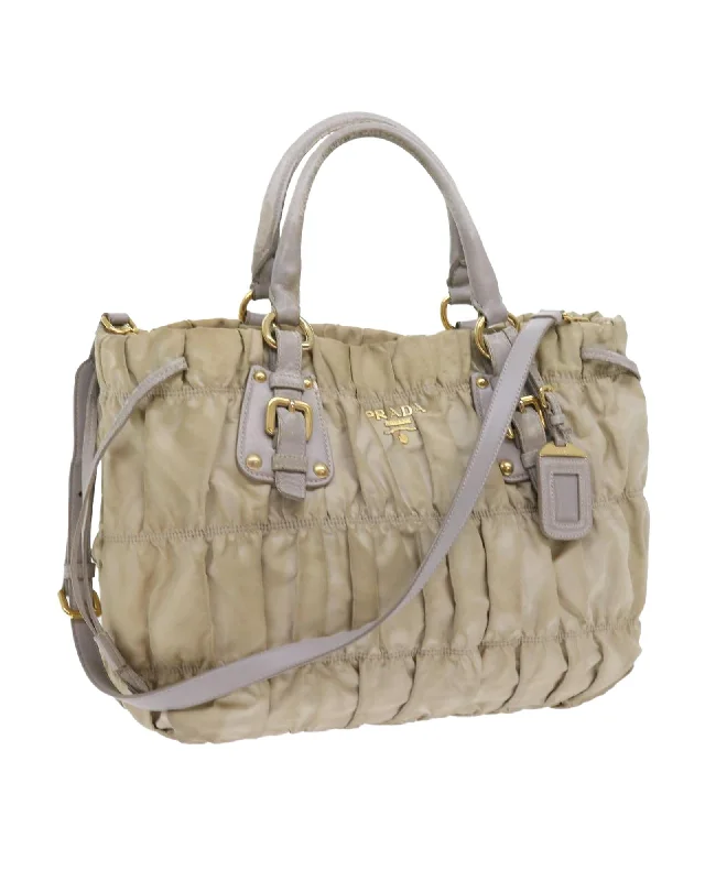 Handle bags with structured shapes for an organized and tidy appearance-Beige Nylon 2-Way Hand Bag