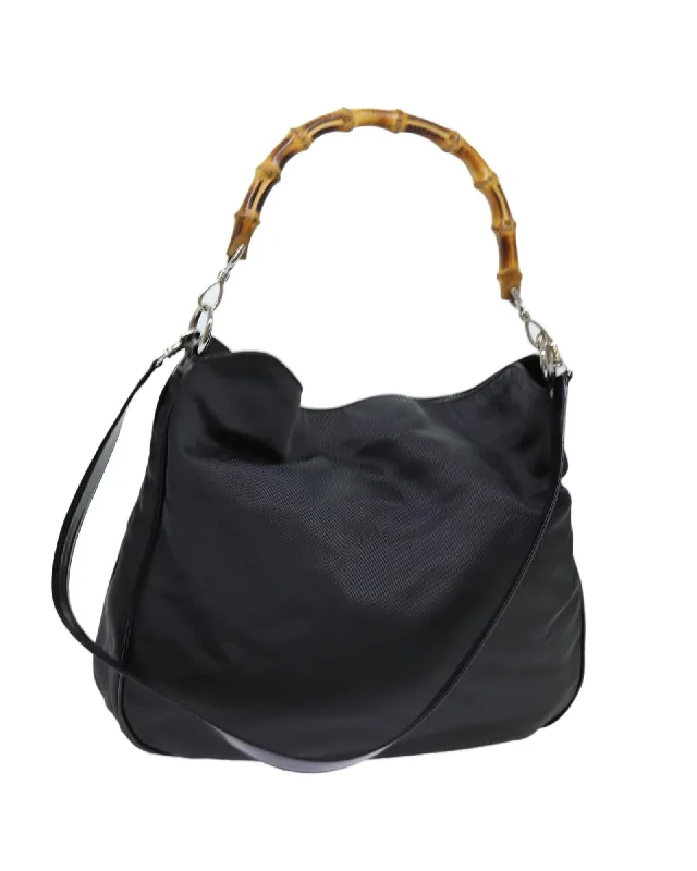 Best handle bags with a classic boxy shape for a timeless, elegant style-Nylon Gray 2way Hand Bag with Bamboo Handle