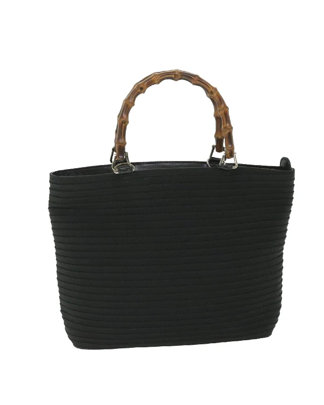 Stylish handle bags with intricate stitching for a detailed and high-quality finish-Canvas Black Hand Bag with Bamboo Handle