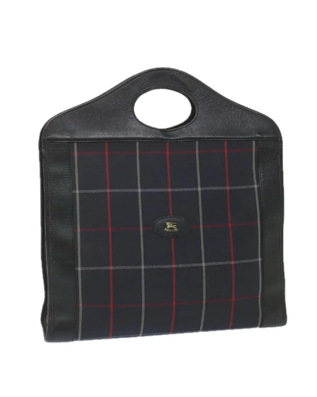 Handle bags with faux fur accents for a cozy and chic winter look-Navy Nylon Hand Bag with Check Pattern