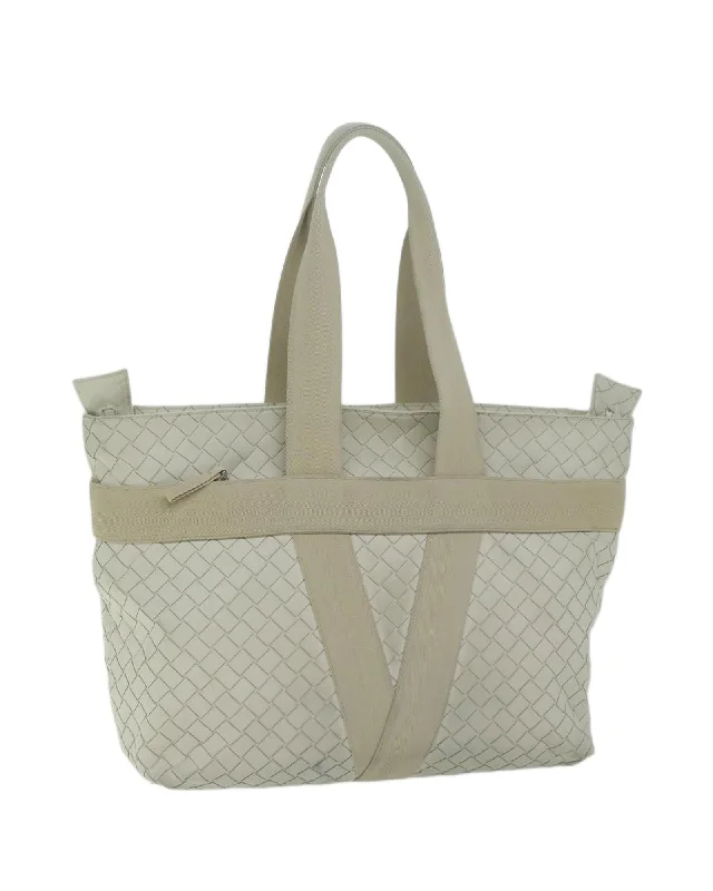 Best handle bags with soft, lightweight material for easy carrying-White Leather Scorpito Tote Bag with Intrecciato Weave Detailing