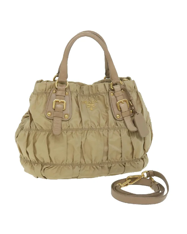 Stylish handle bags with unique zipper designs for a functional, fashionable look-Beige Nylon 2-way Hand Bag