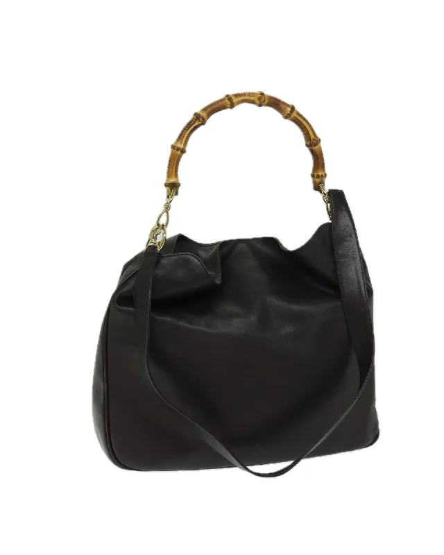 Handle bags with contrasting materials for a bold and unique fashion statement-Brown Leather Bamboo Hand Bag with Shoulder Strap