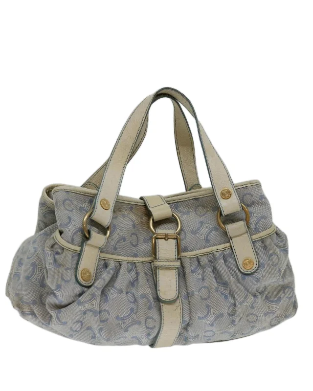 Handle bags with woven designs for a rustic and natural vibe-Blue and White Canvas Hand Bag with Macadam Print by Celine