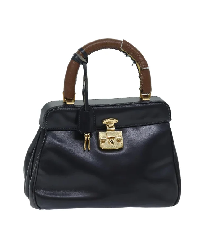 Handle bags with drawstring closures for a secure and practical option-Navy Leather Lock Hand Bag with Key Accessory