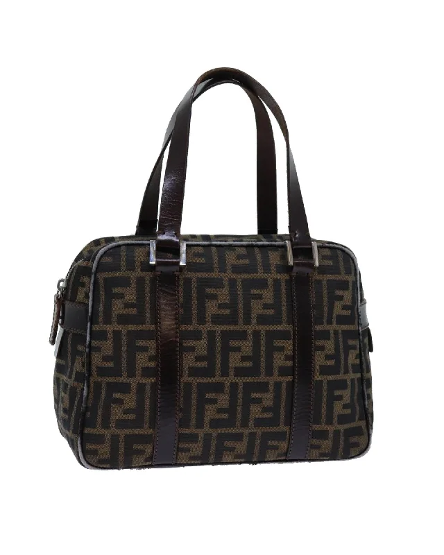 Best handle bags with patent leather for a shiny, high-gloss finish-Canvas Brown Hand Bag with FENDI Logo Print