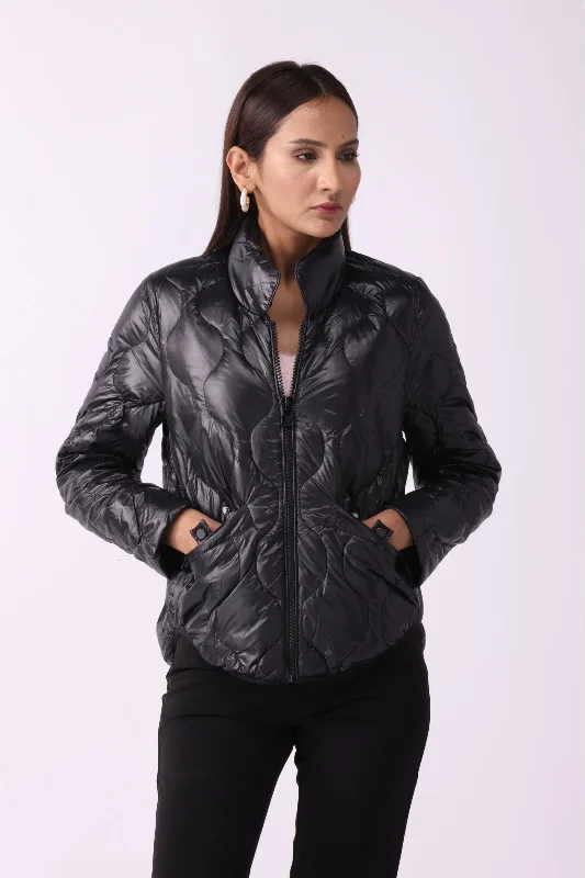 Handle bags with transparent panels for a modern and trendy effect-Women Padded Puffer Black Jacket